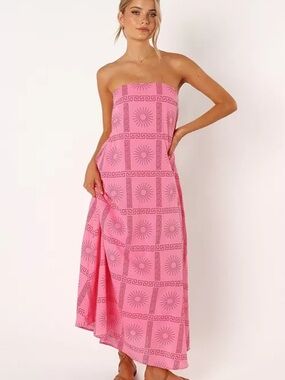 Petal & Pup. NWT. Strapless Pink Sunblock Print Maxi Dress. LG.Cotton.